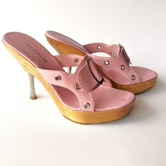 Bebe Galia Pink Leather Platform Sandals Size 6 Wood Base with Steel Heel 16350 - Picture 5 of 10